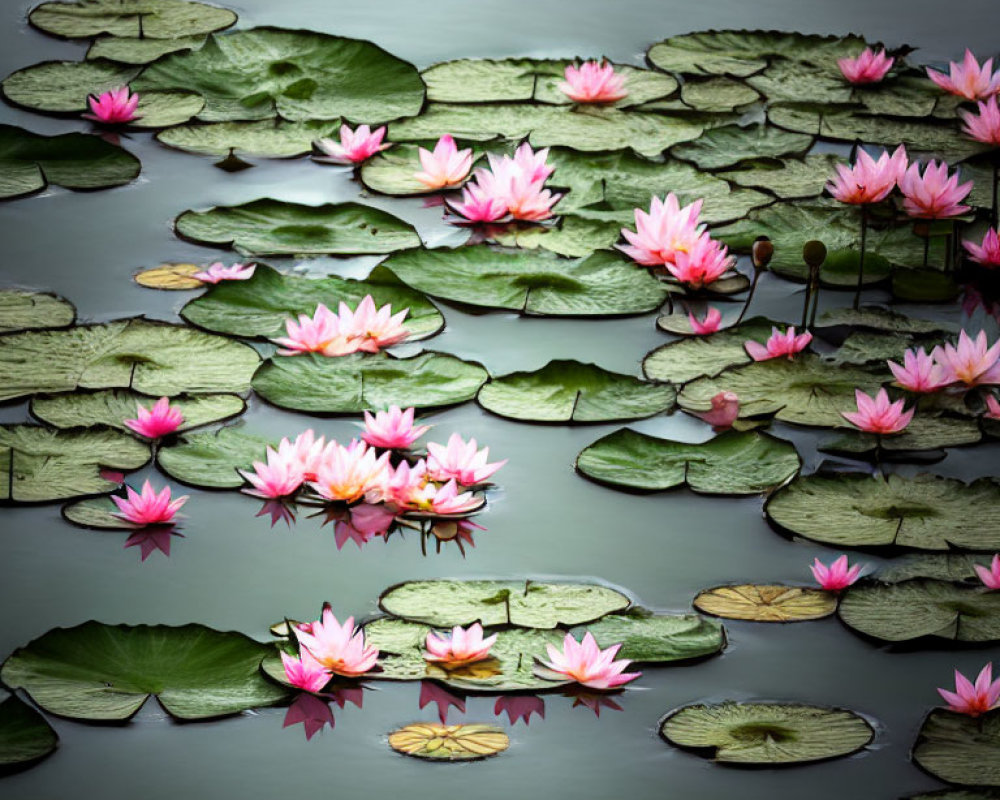 Tranquil pond with water lilies, lotus flowers, and lily pads