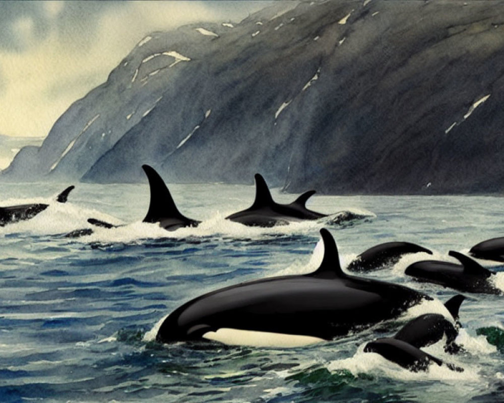 Pod of Orcas Swimming Near Snow-Covered Hills