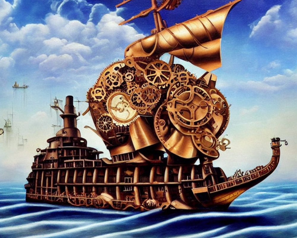 Intricate steampunk-style ship sailing on ocean