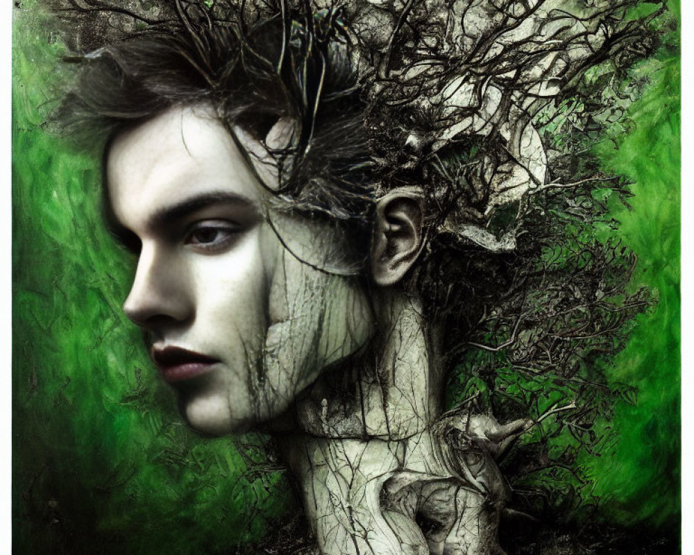 Surreal portrait with branches and roots on green background