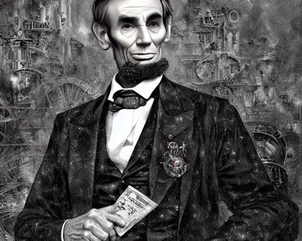 Detailed Black and White Abraham Lincoln Illustration with Mechanical Gears Background