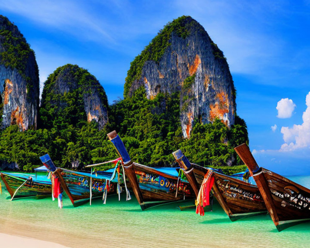 Tropical beach scene with traditional long-tail boats