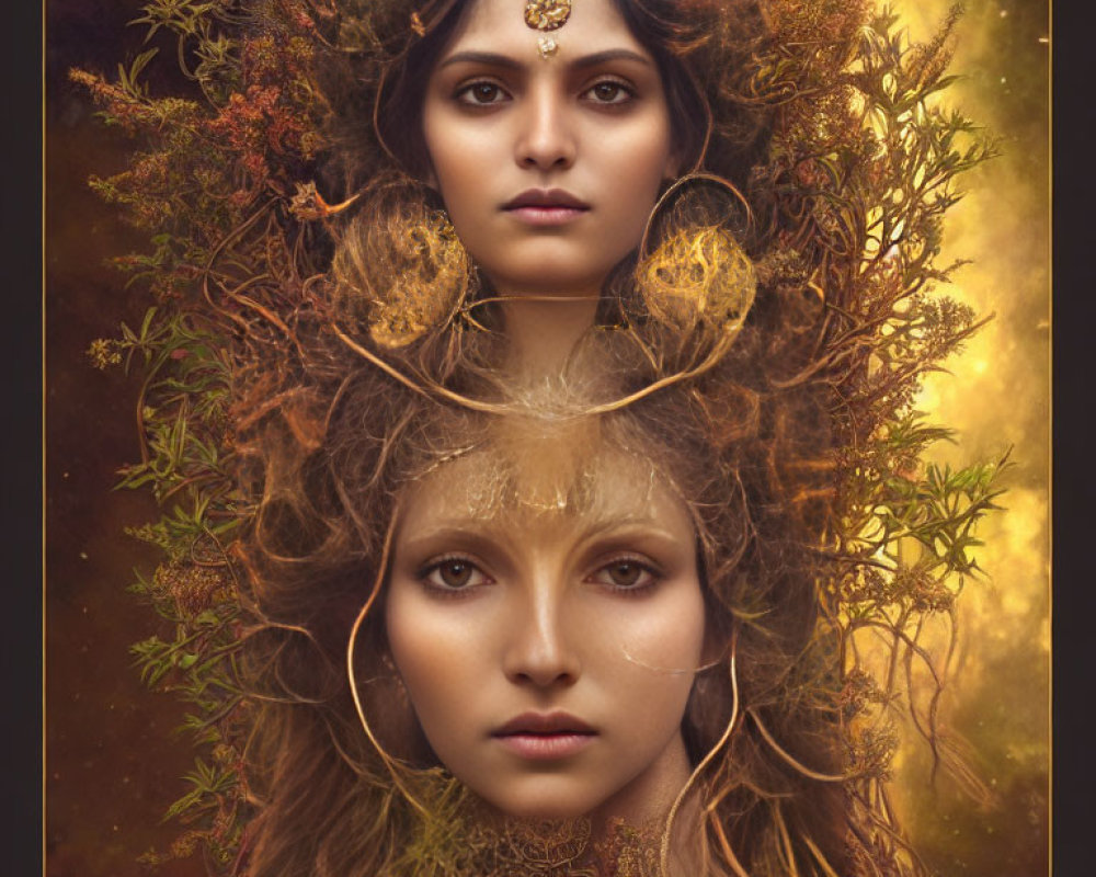 Digital composition: Two women's faces in autumn leaves with mystical glow