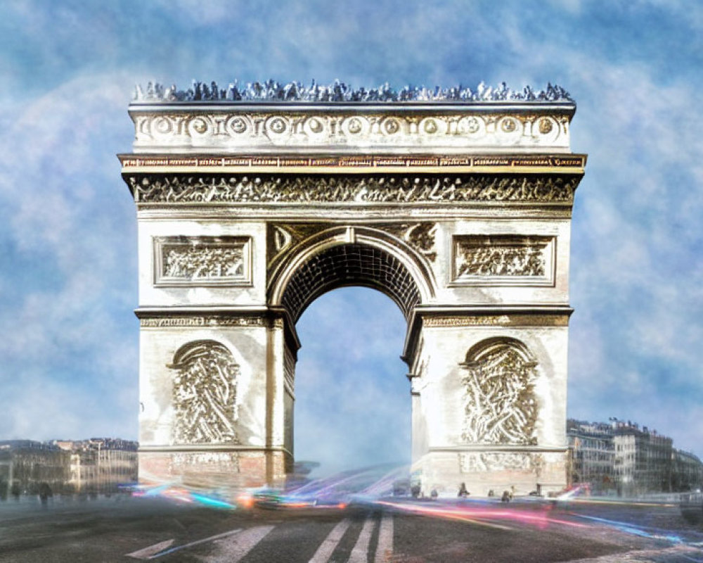 Long exposure photo of Arc de Triomphe with blurred traffic lights and crowds