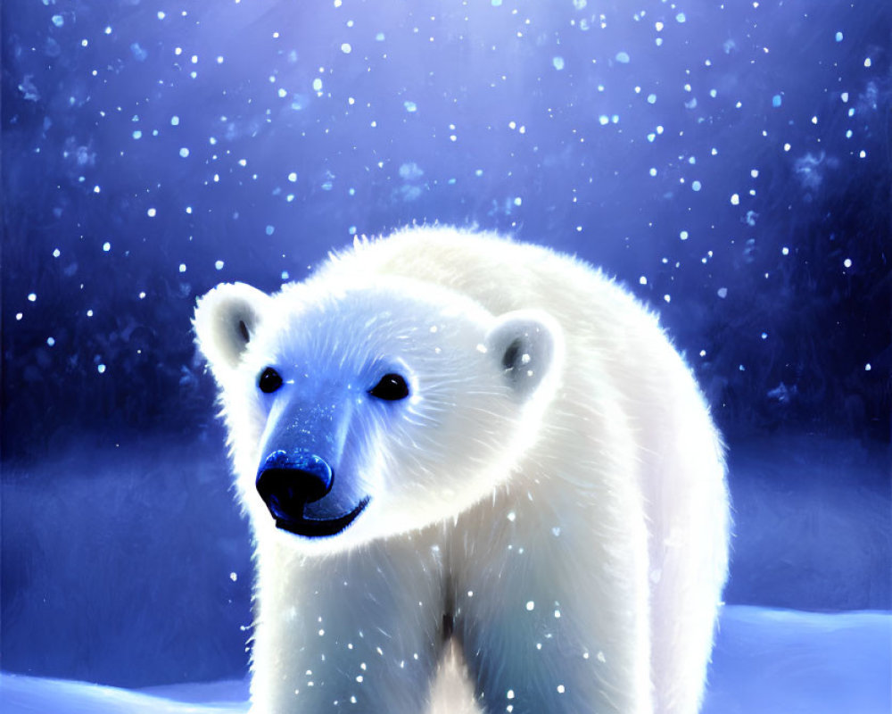 Smiling polar bear under starry sky with glowing moon on snowy landscape