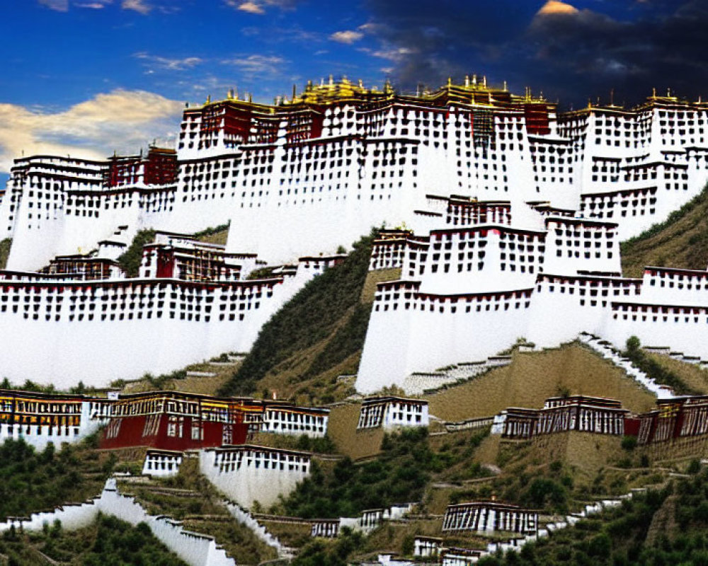 Historic Tibetan Palace Complex with White Walls and Golden Roofs