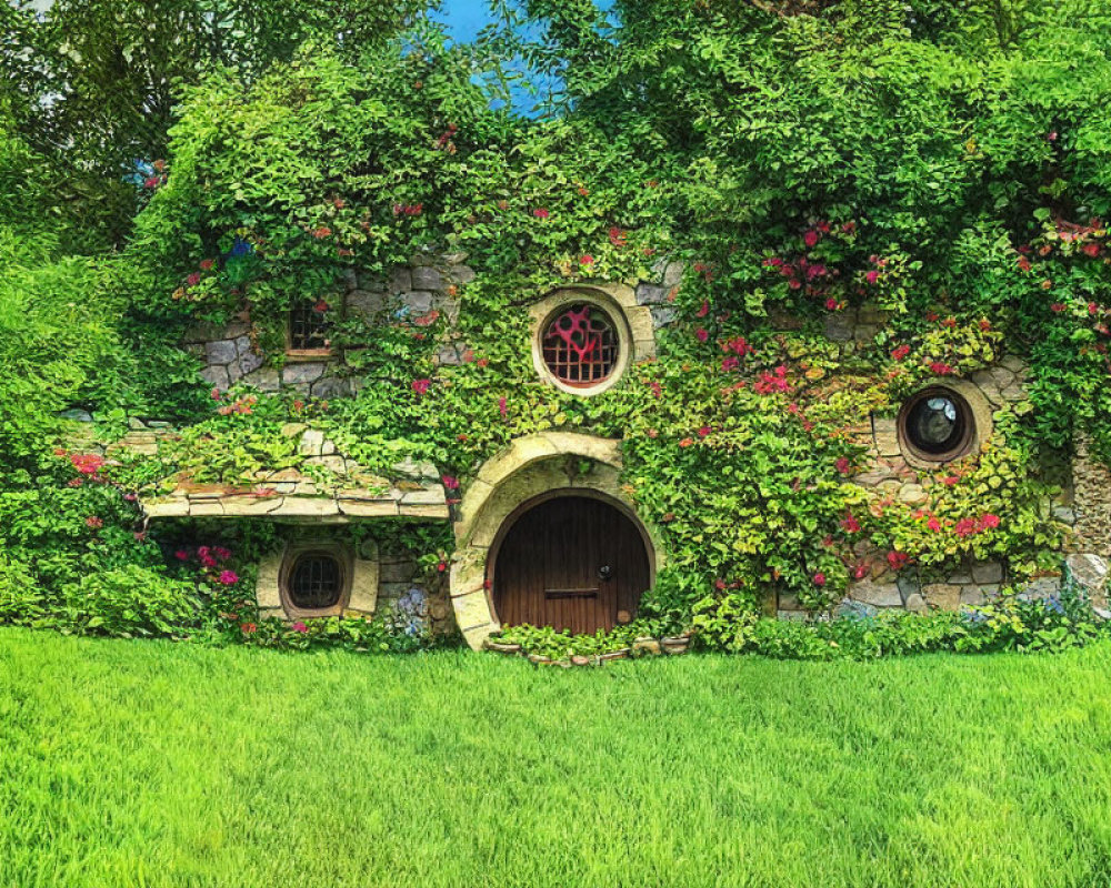 Stone cottage with round door and lush greenery - fairytale vibes