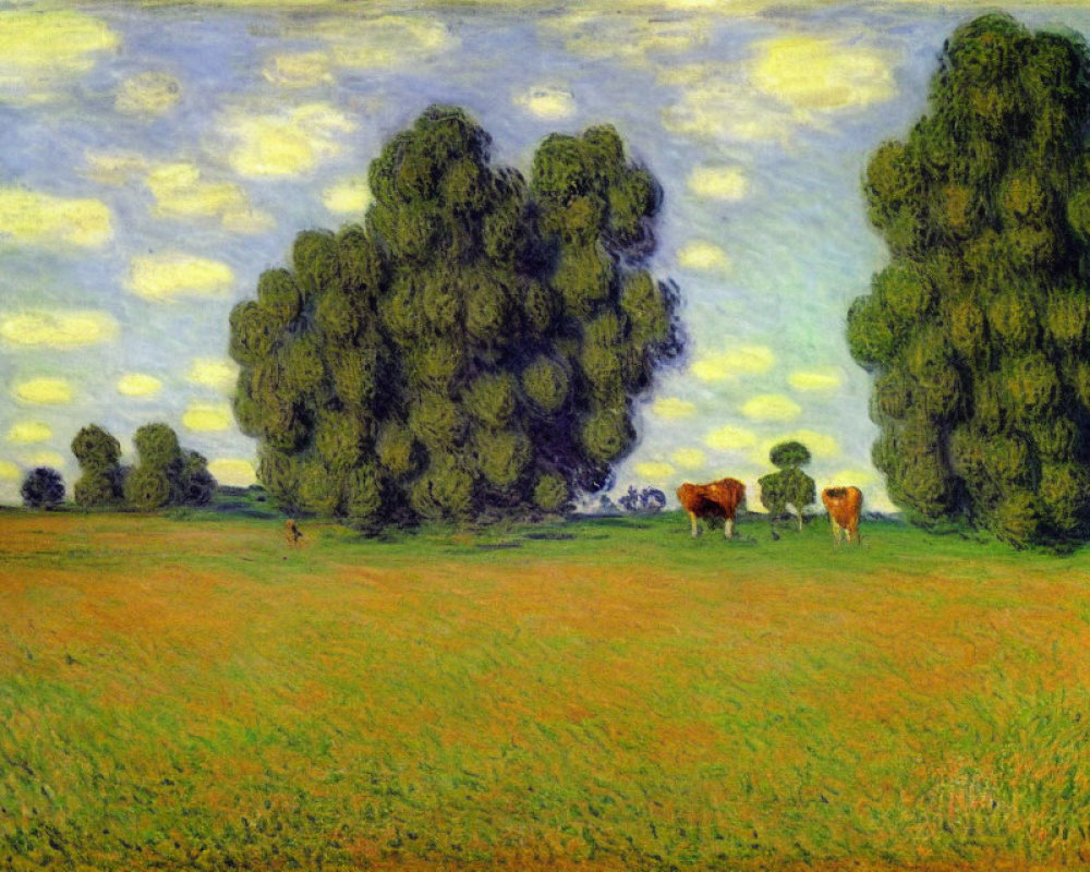 Landscape painting of meadow with tall trees, cows grazing under cloudy sky