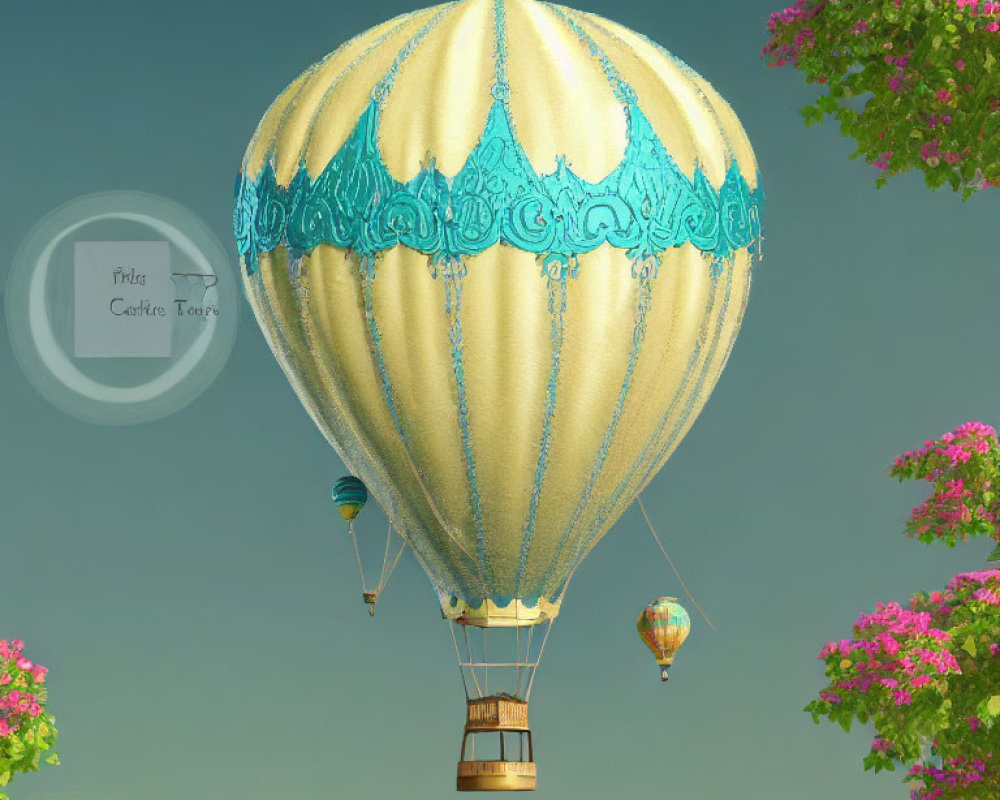 Golden hot air balloon with blue patterns floating in clear sky with pink flowering trees