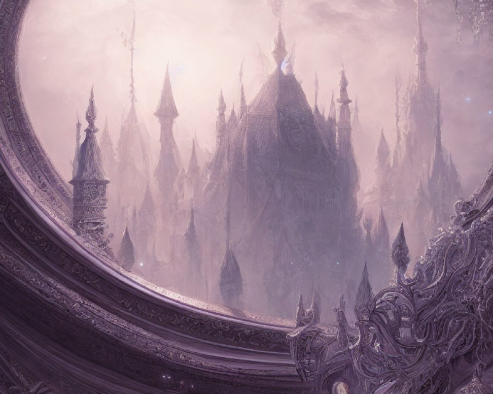 Fantasy castle with ornate spires in circular frame against purple sky