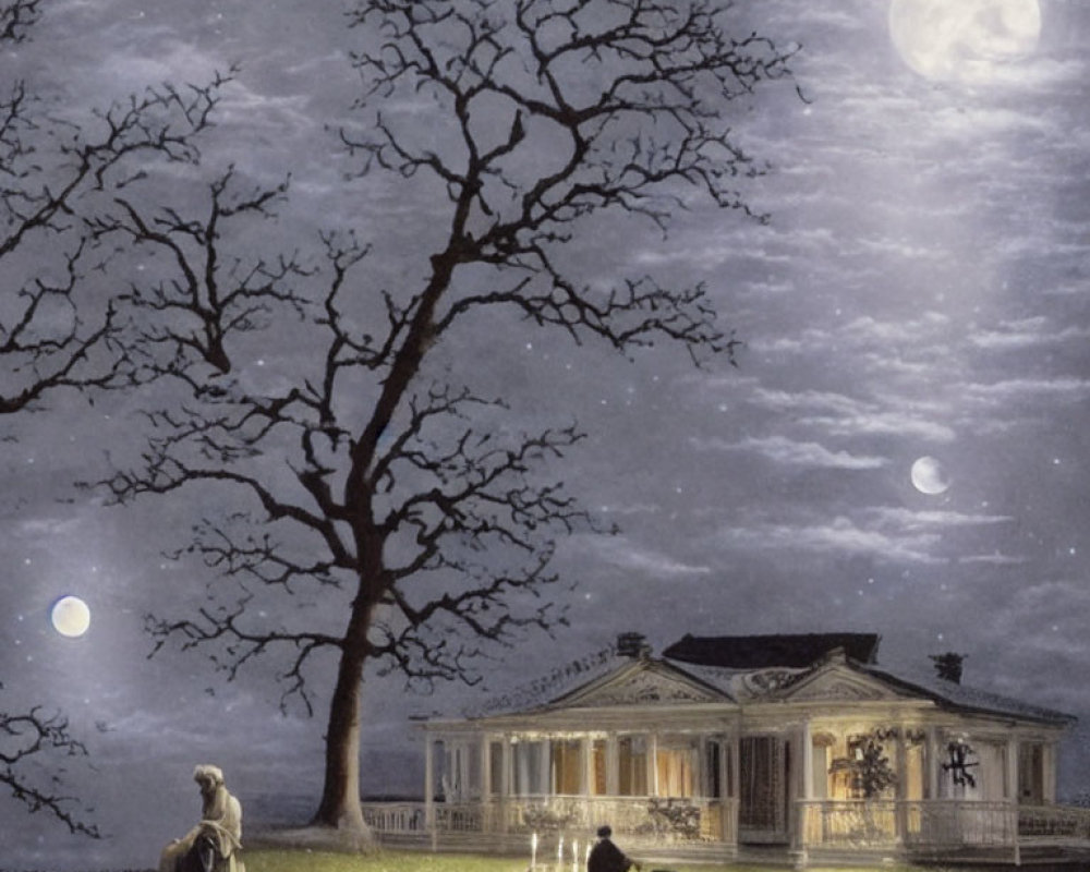 Tranquil night landscape with full moon, stars, silhouetted trees, house, people