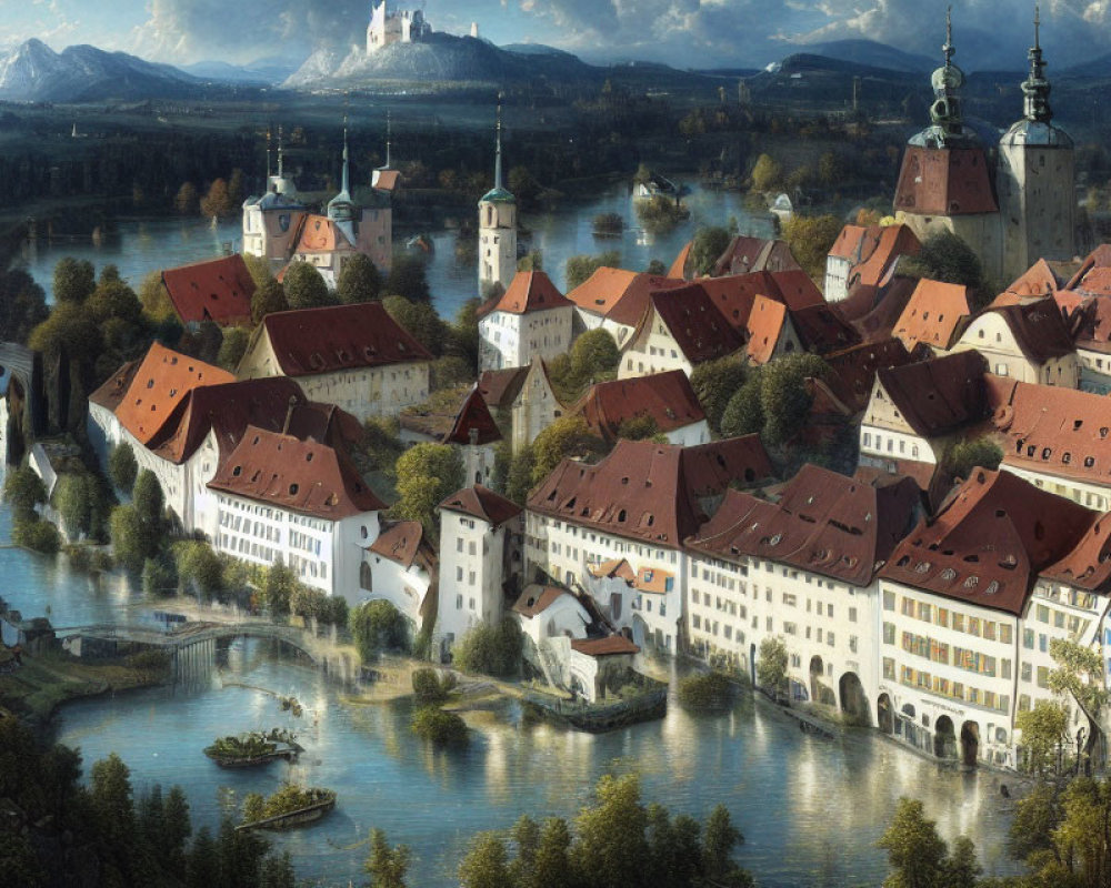 European town with historical buildings, river, castle, and greenery