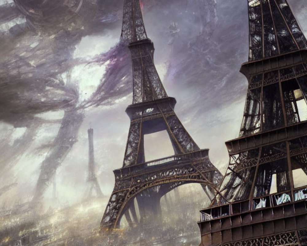 Surreal double Eiffel Towers in apocalyptic setting with dark clouds and mysterious lights