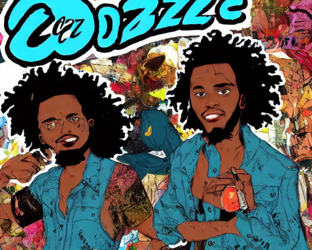 Vibrant artwork of two men in denim outfits with afros, one holding a drink