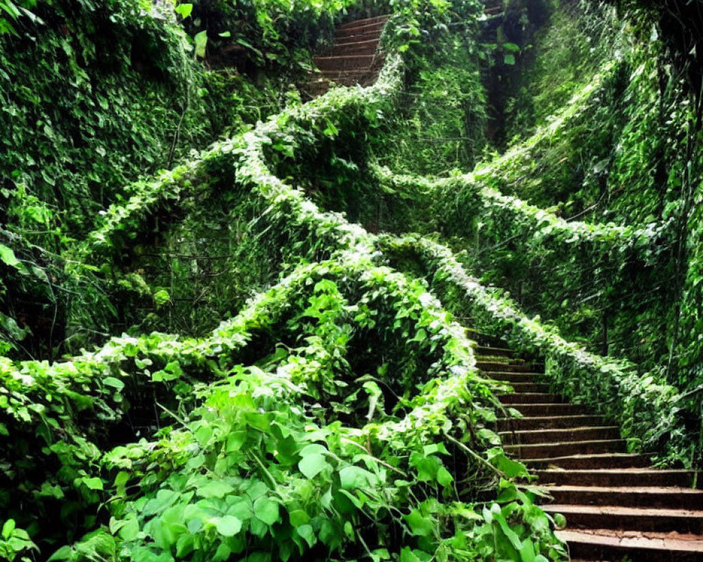 Verdant setting with overgrown vines on winding staircase