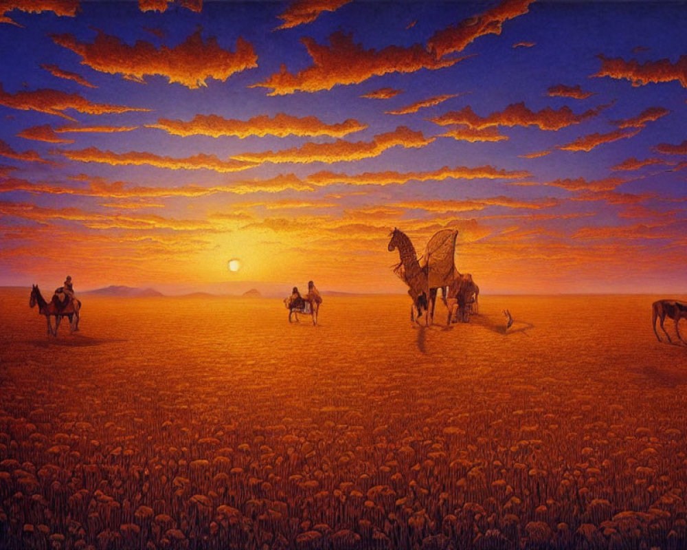 Three people on horseback in sunflower field at sunset with dog