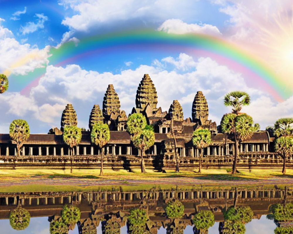 Ancient temple complex under bright rainbow and blue sky