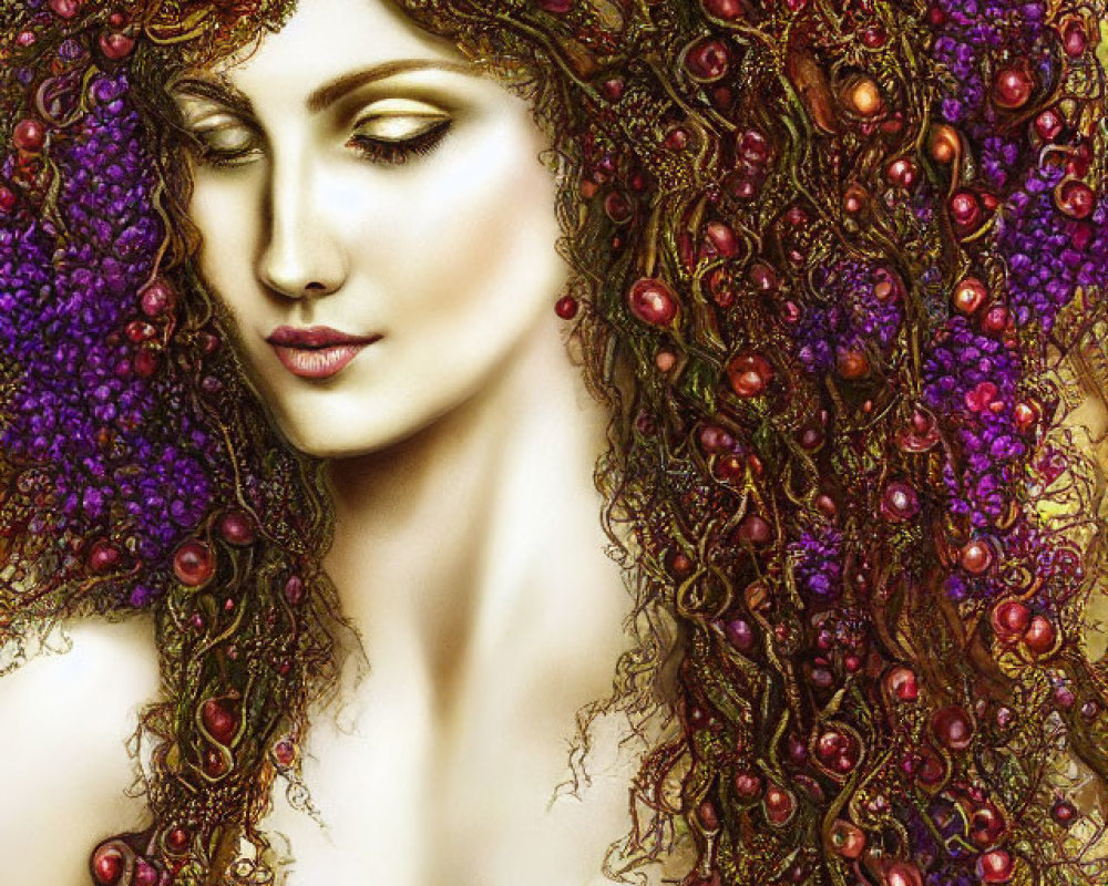 Digital artwork featuring woman with voluminous hair, jewelry, purple flowers, and red berries