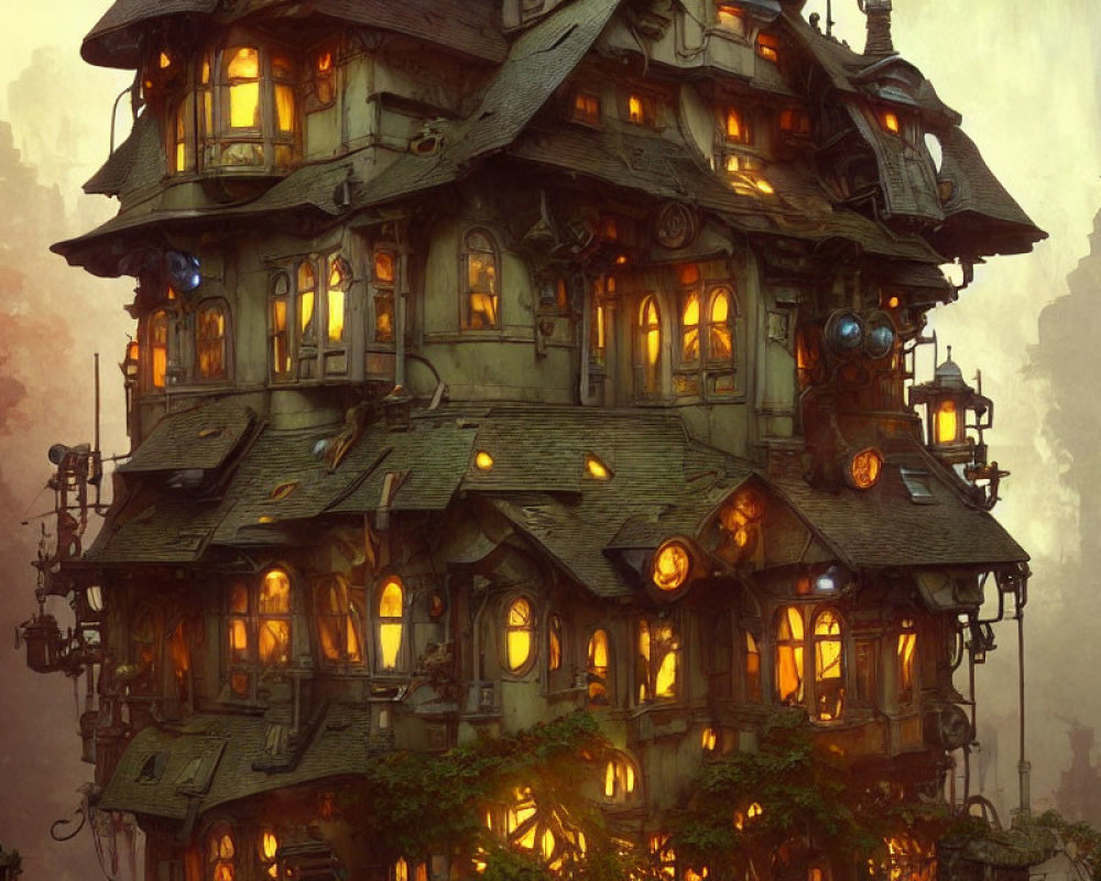 Fantasy house with glowing windows and pipes on foggy twilight backdrop