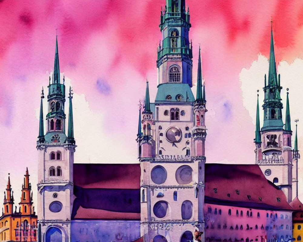 Gothic Style Building Watercolor Painting with Pink and Purple Sky