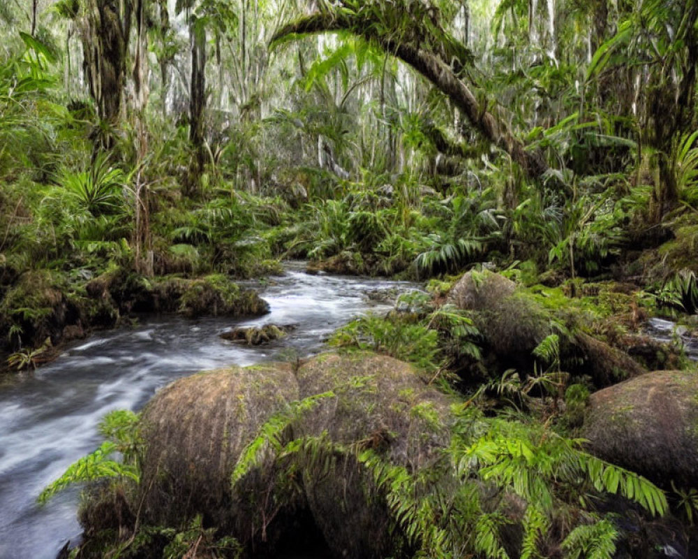 Tranquil forest stream with mossy rocks and ferns