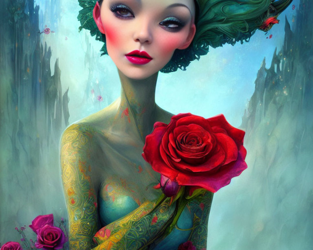 Illustrated female figure with green hair holding a red rose in mystical forest.