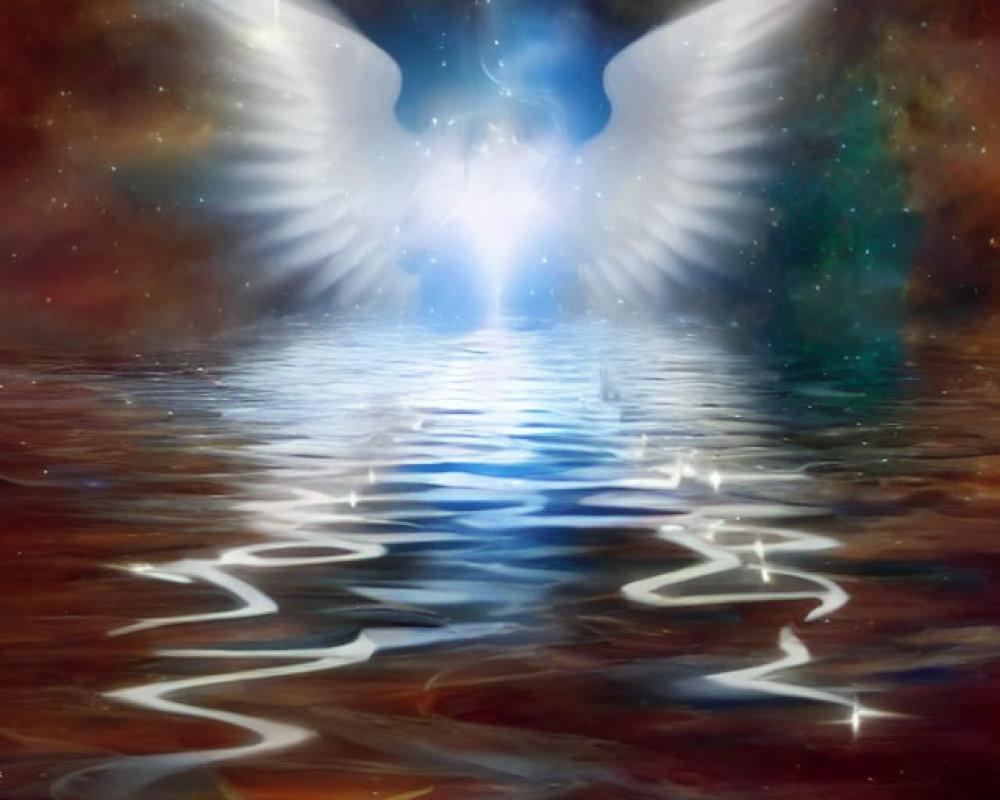 Celestial wings and glowing light over serene water and cosmic sky