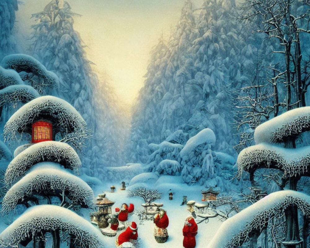 Snow-covered trees and hills in tranquil winter landscape with glowing lanterns and figures in red robes.