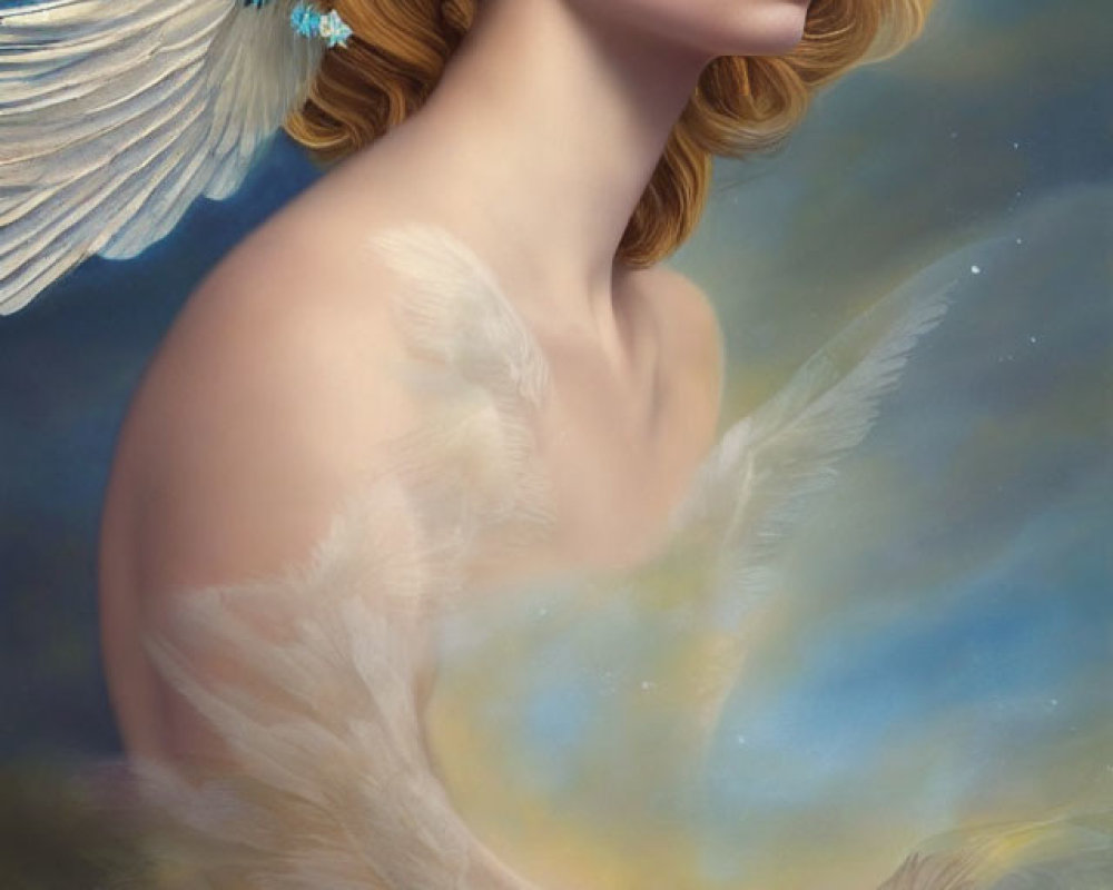 Golden-haired angel with flower crown and feathered wings in serene pose against celestial background