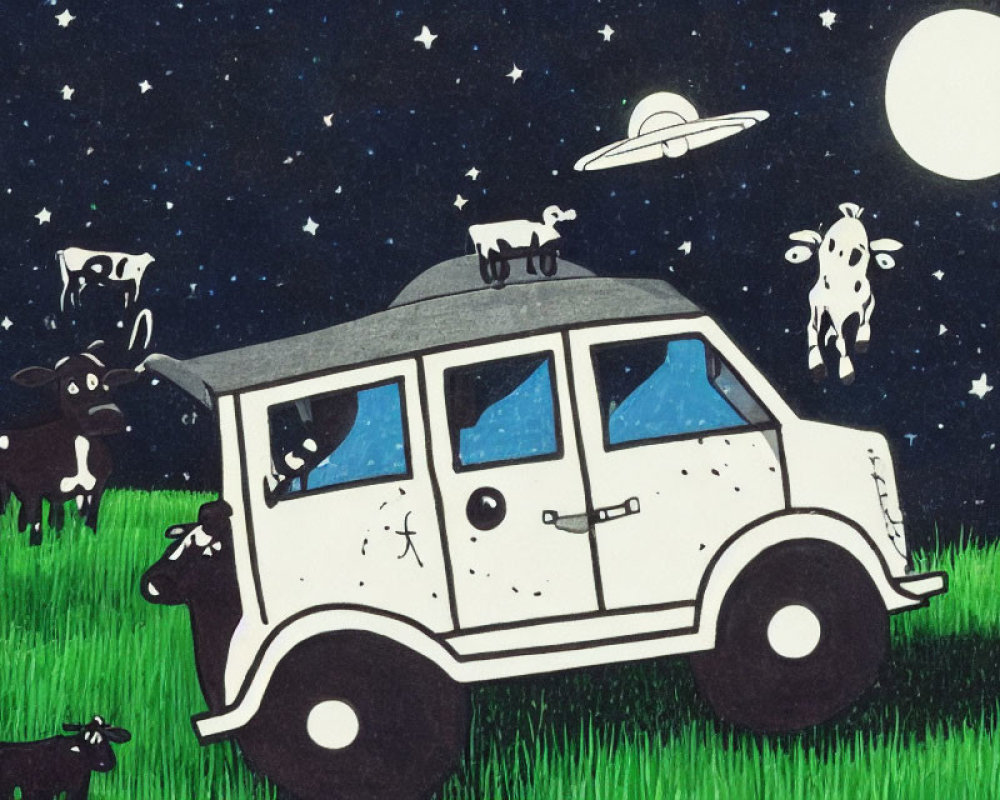 Whimsical nighttime illustration with cows, classic car, UFO, and full moon