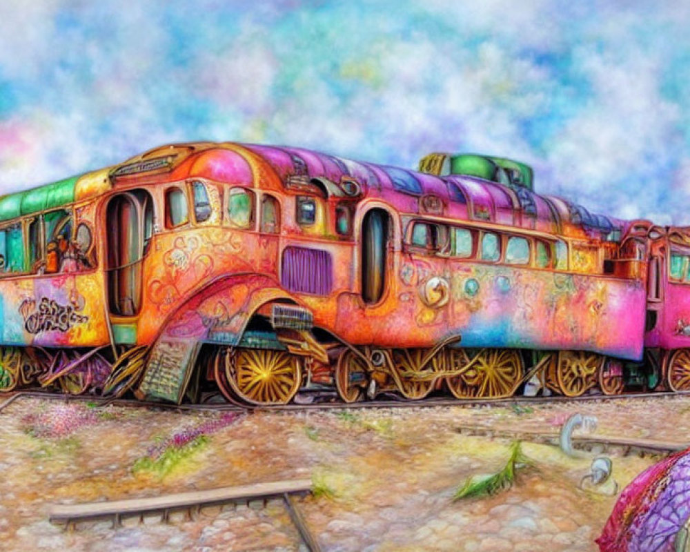 Colorful Psychedelic Train Illustration on Dreamy Background