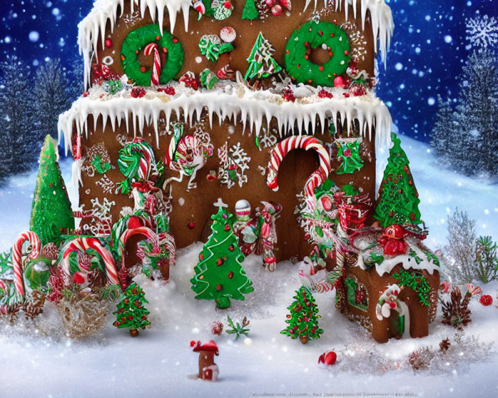 Whimsical gingerbread house in snowy landscape with candy canes & frosted trees