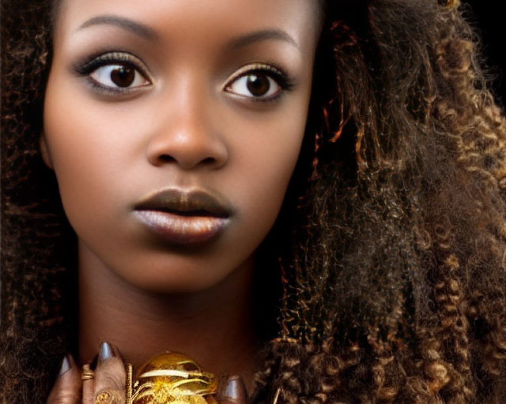 Striking-eyed woman in golden headdress and jewelry with intricate gold designs