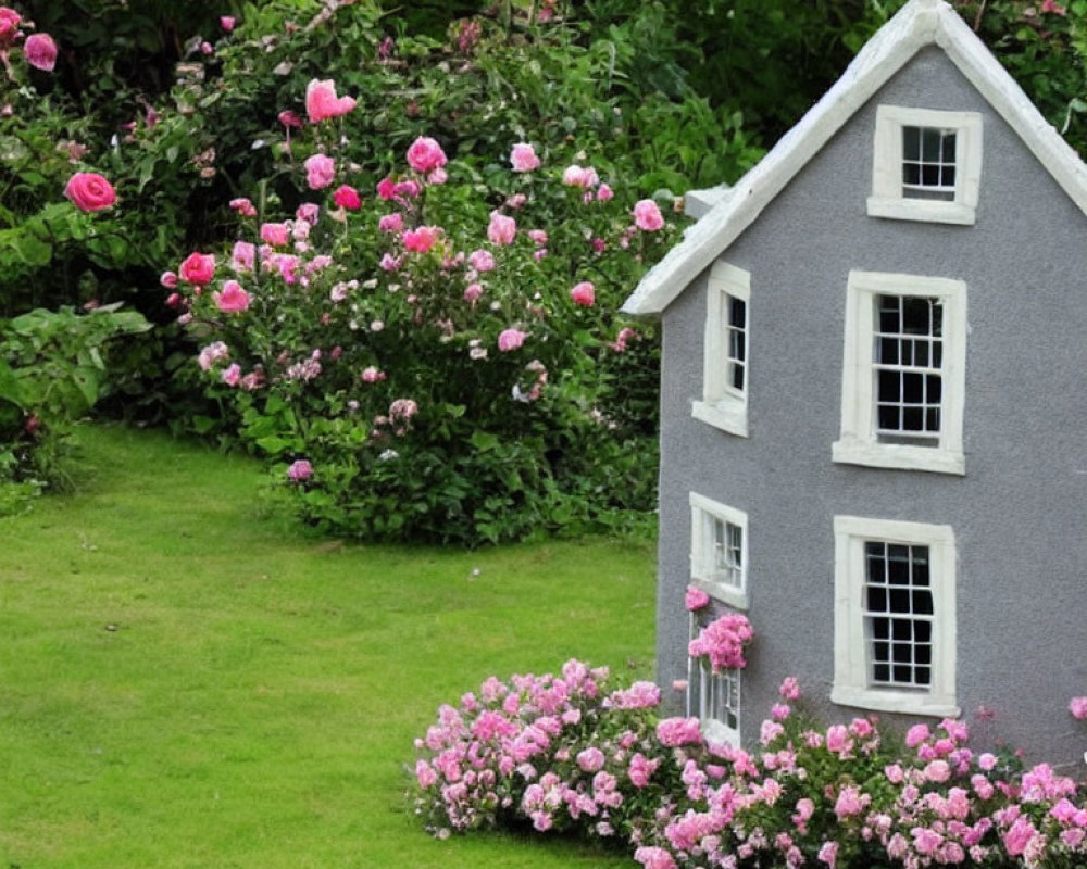 Miniature gray house with white trimmings in lush garden setting