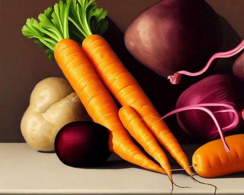 Vegetable still life painting with carrots, onions, and turnip on dark background