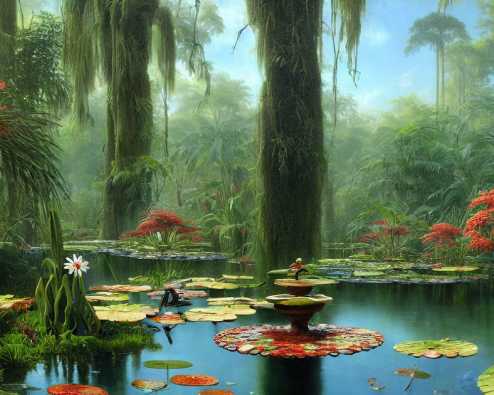 Lush Jungle Landscape with Red Flowers, Mossy Trees, and Water Lilies