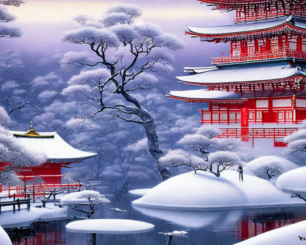 Japanese pagodas in snowy landscape by serene lake under purple sky