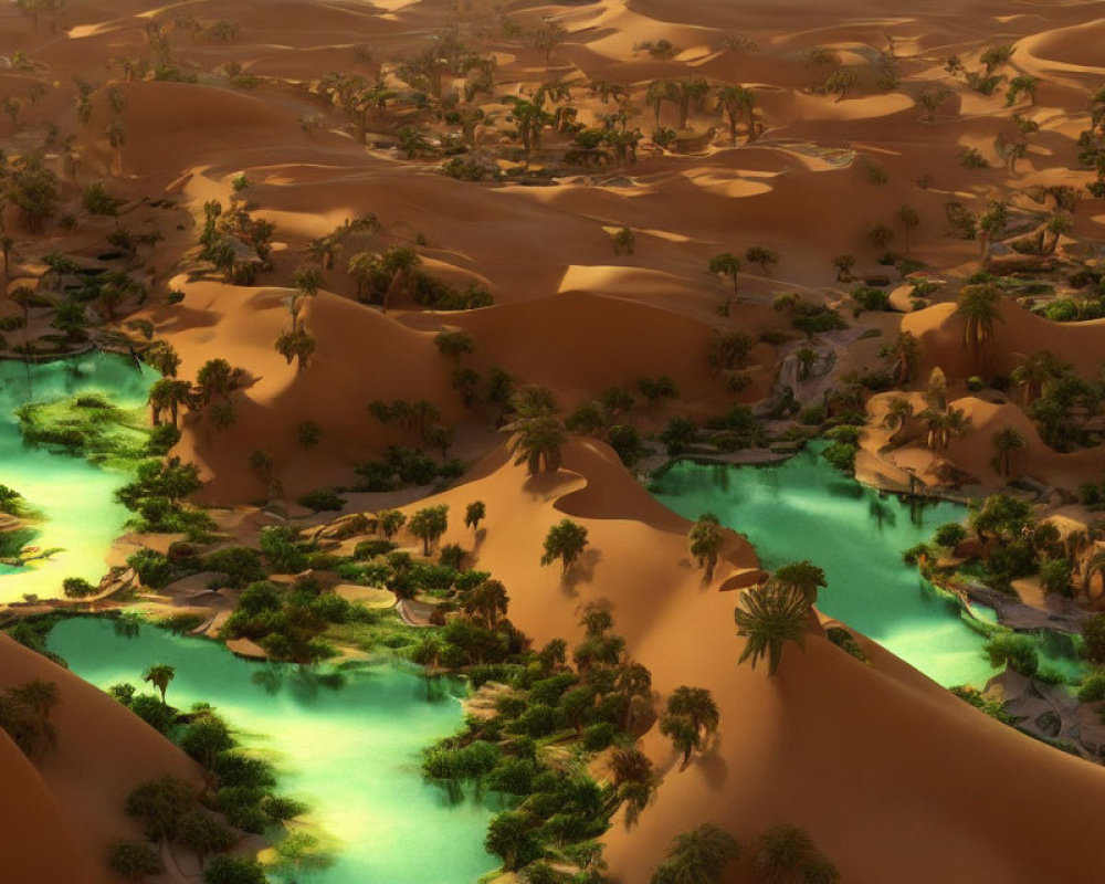 Scenic desert oasis with palm trees and golden sand dunes