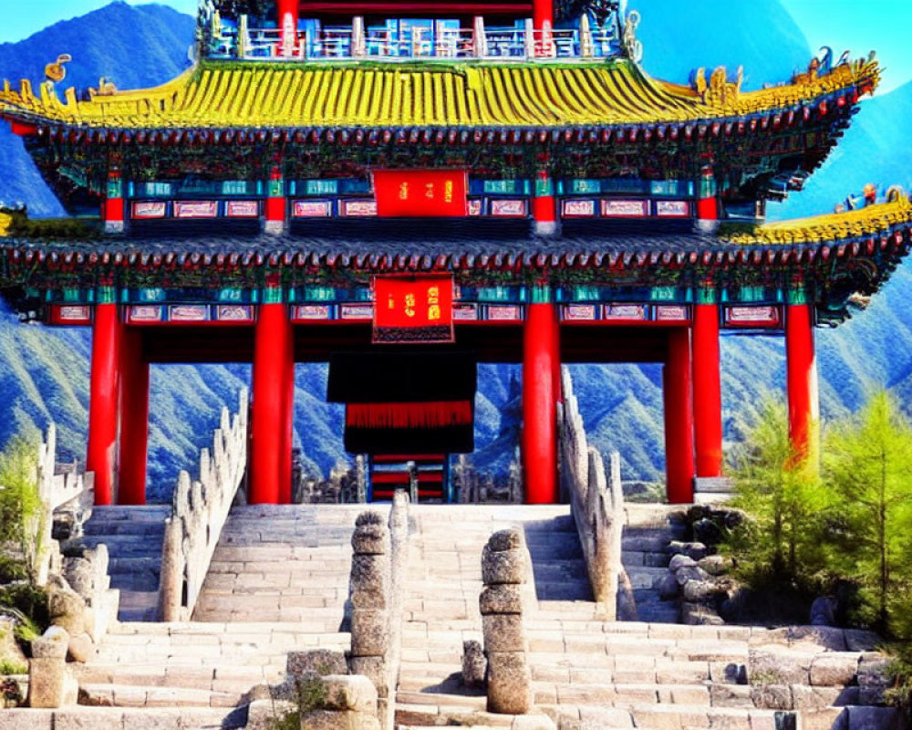 Traditional Chinese Gate with Golden Roof Decorations in Mountain Setting