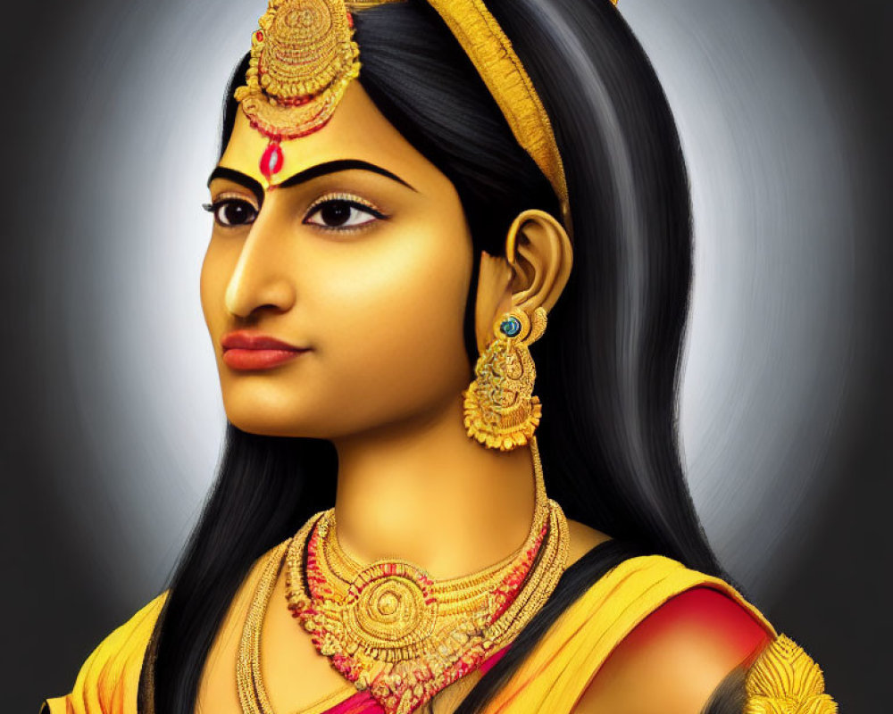 Detailed Digital Illustration of Woman in Traditional Indian Attire