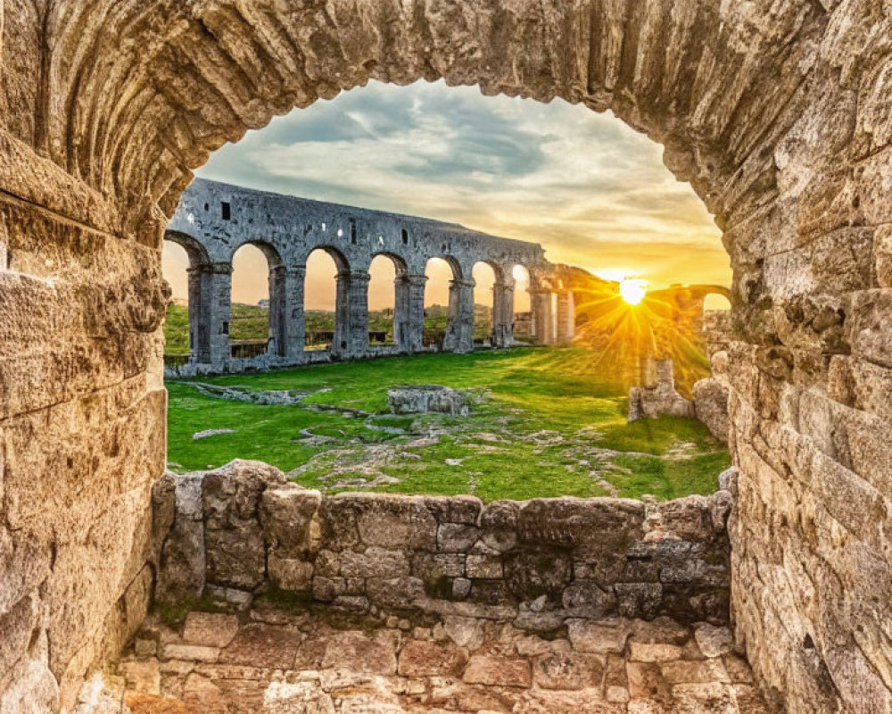 Ancient stone gateway frames Roman amphitheater arcades at sunset