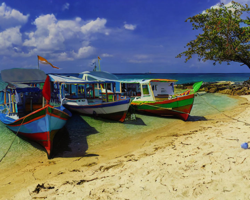 Vibrant boats on sandy shore with clear waters and blue sky