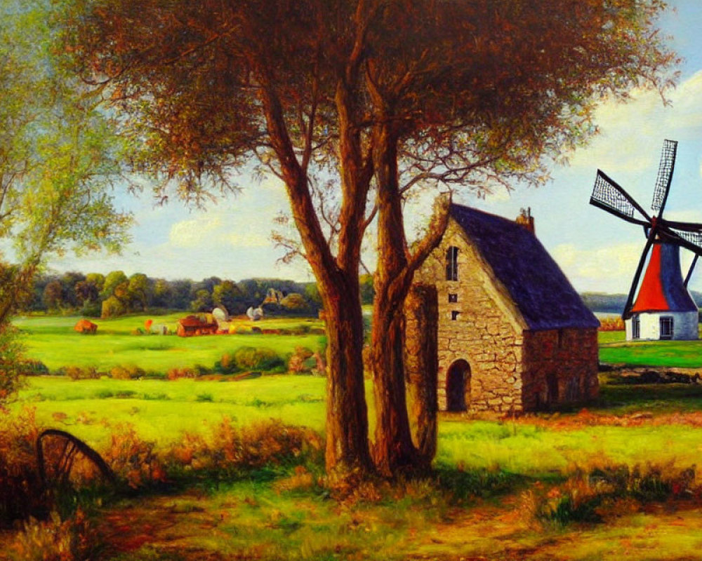 Rural landscape with stone cottage, windmill, and grazing cattle