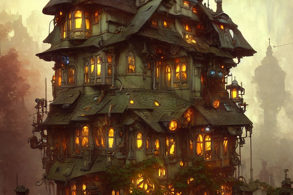 Fantasy house with glowing windows and pipes on foggy twilight backdrop