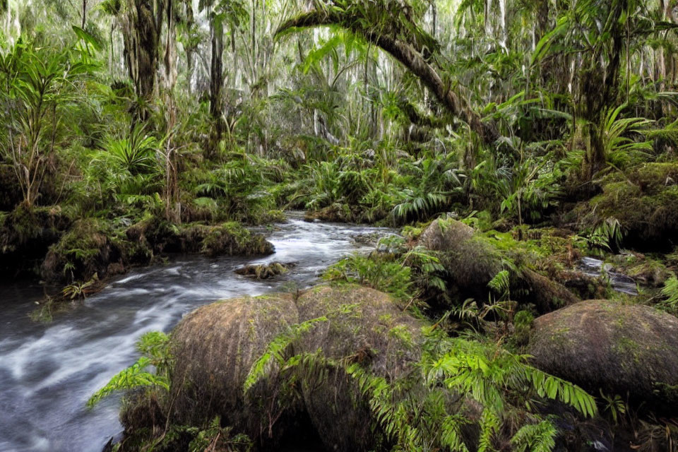 Tranquil forest stream with mossy rocks and ferns