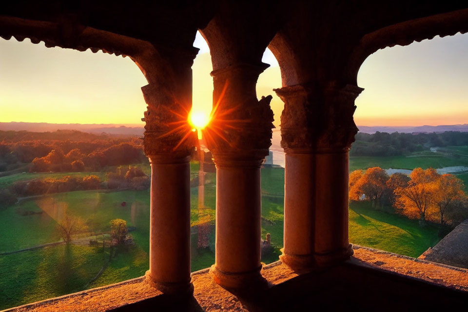 Warm Glow Sunset Through Old Stone Arches in Countryside