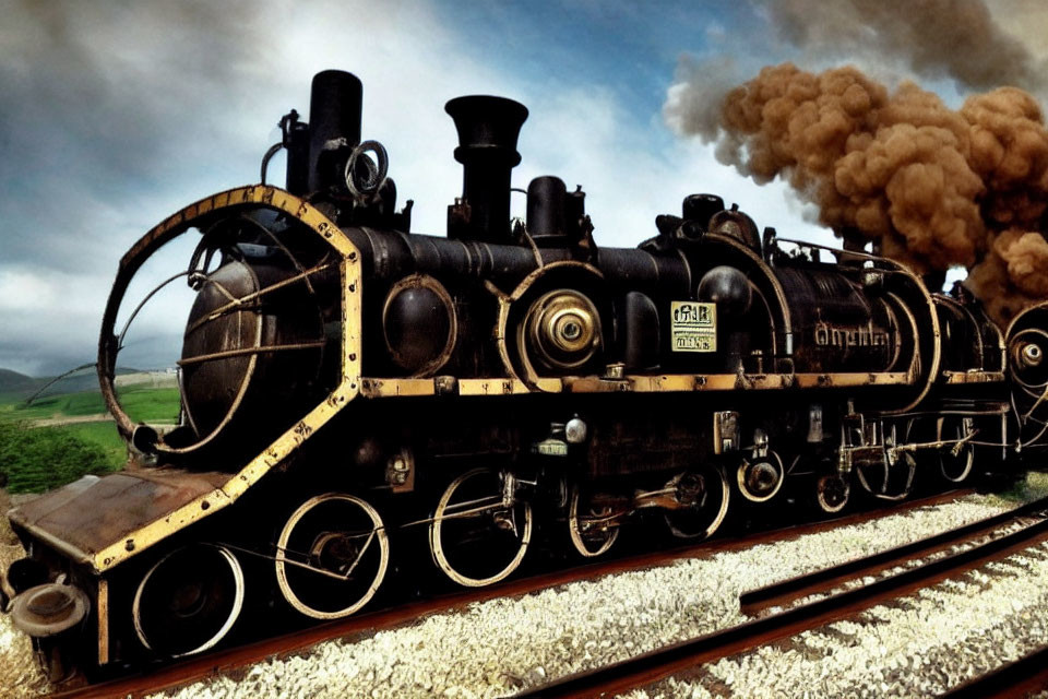 Vintage black steam locomotive on tracks in green landscape with smoke.