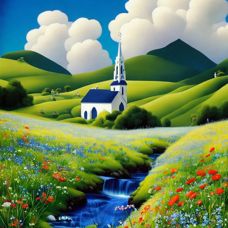 Scenic landscape with church, green hills, flowers, stream, clouds