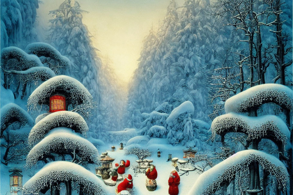 Snow-covered trees and hills in tranquil winter landscape with glowing lanterns and figures in red robes.