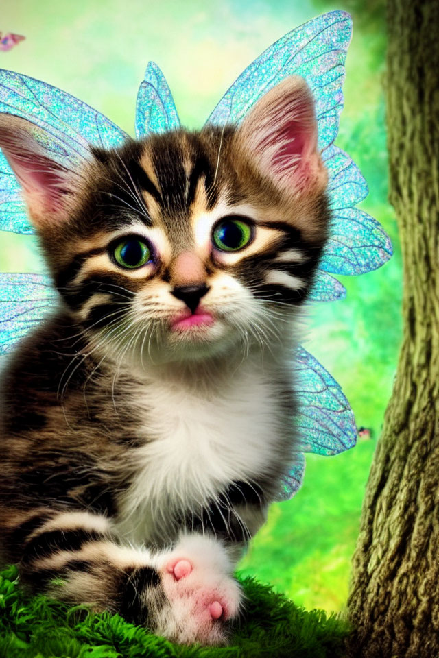 Kitten with Blue Butterfly Wings Beside Tree Trunk